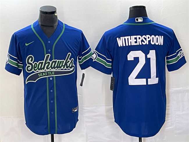 Mens Seattle Seahawks #21 Devon Witherspoon Royal Throwback Cool Base Stitched Baseball Jersey->->NFL Jersey